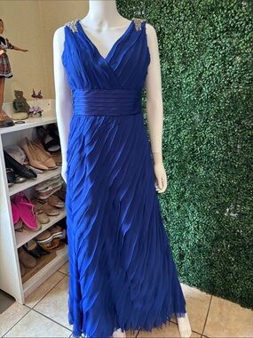 Elegant V-Neck Chiffon Evening Gown in Royal Blue 
height 58 inc 
Pit to pit 22i